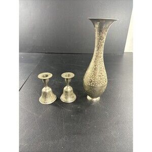 Vintage Z.Y. India Bell Candle Stick Holders (2) And Brass Bud Vase